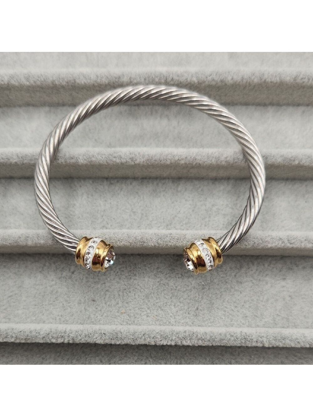 Stainless Steel Dual Tone Cable Twist Open Bangle Bracelet, Zircon Accents